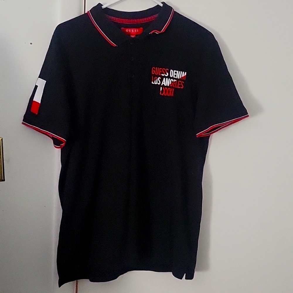 Guess los Angeles polo tee color black red white size large